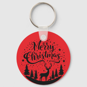 Classic Merry Christmas Deer and Tree Design Art Key Ring