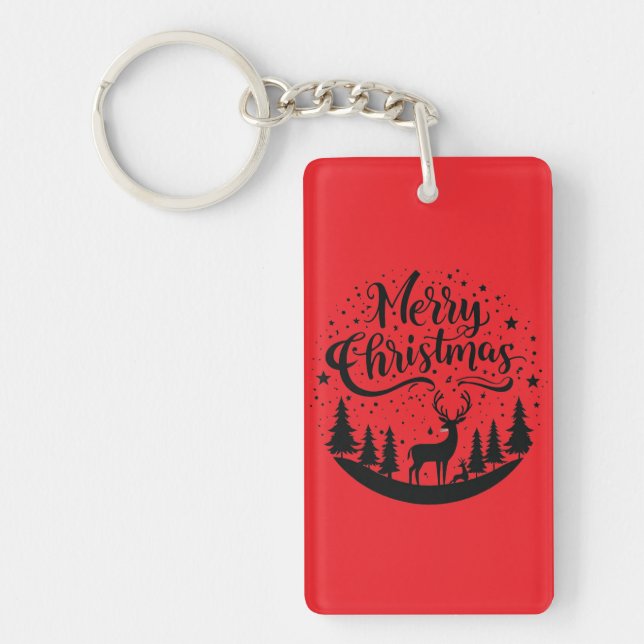 Classic Merry Christmas Deer and Tree Design Art Key Ring (Front)