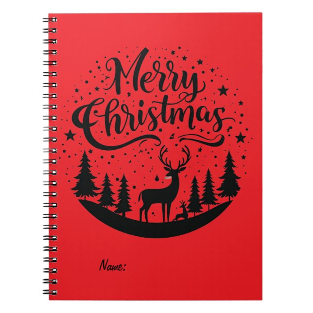 Classic Merry Christmas Deer and Tree Design Art Notebook (Front)
