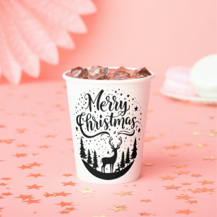 Classic Merry Christmas Deer and Tree Design Art Paper Cups