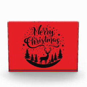 Classic Merry Christmas Deer and Tree Design Art Photo Block