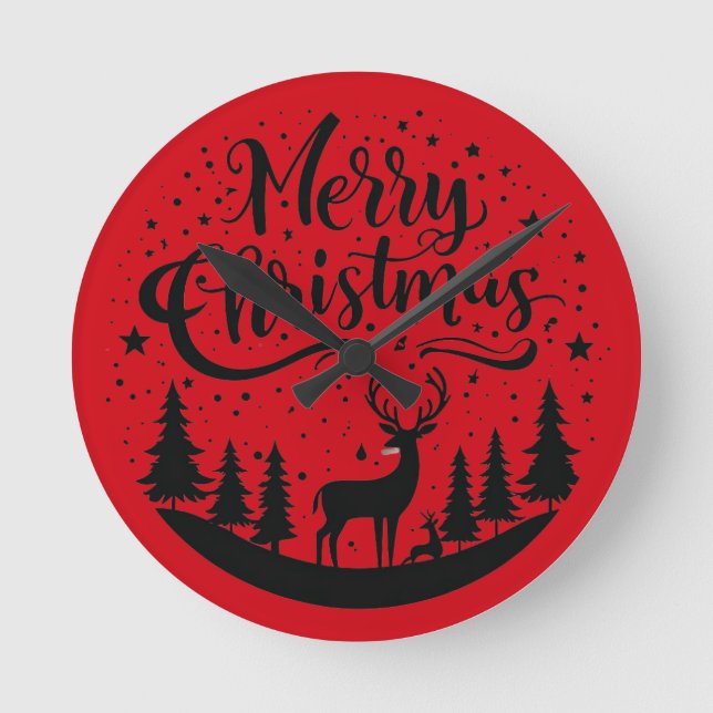 Classic Merry Christmas Deer and Tree Design Art Round Clock (Front)