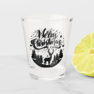Classic Merry Christmas Deer and Tree Design Art Shot Glass