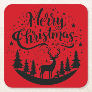Classic Merry Christmas Deer and Tree Design Art Square Paper Coaster