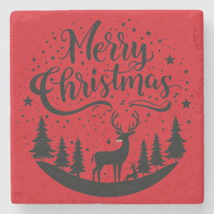 Classic Merry Christmas Deer and Tree Design Art Stone Coaster