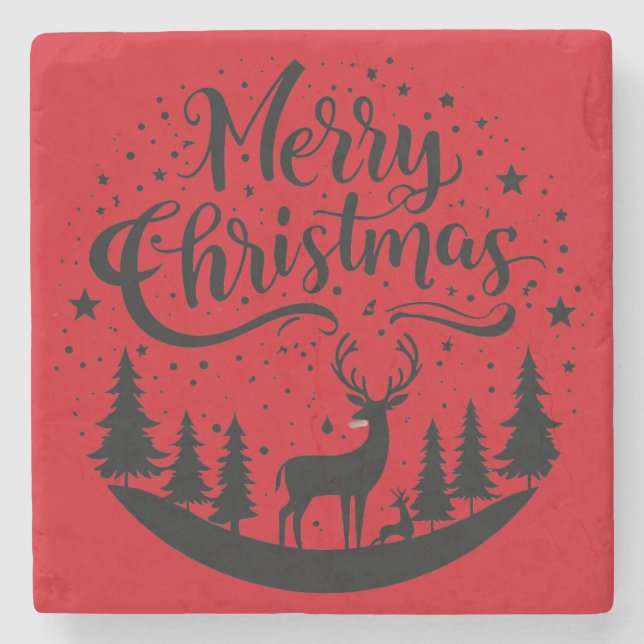 Classic Merry Christmas Deer and Tree Design Art Stone Coaster (Front)