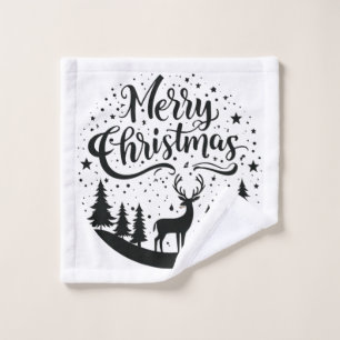 Classic Merry Christmas Deer and Tree Design Art Wash Cloth