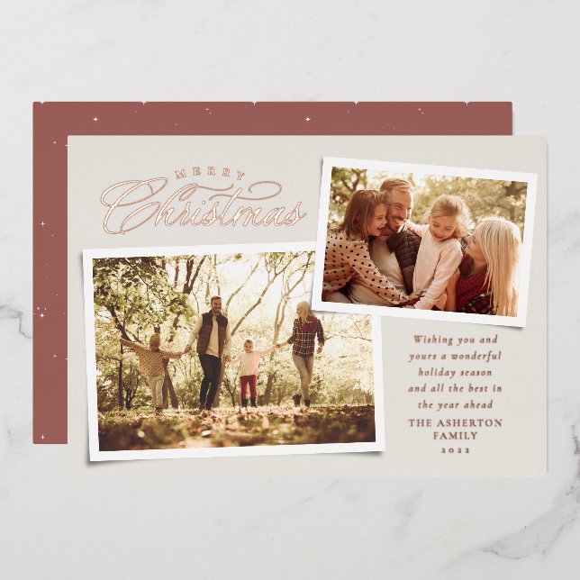 Classic Merry Christmas elegant rose gold photo Foil Holiday Card (Front/Back)