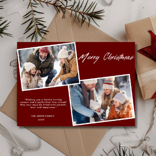 Classic Merry Christmas Family Two Photo Burgundy Holiday Card