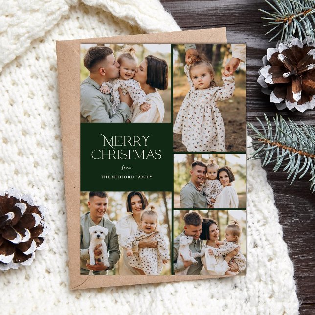 Classic Merry Christmas Five Photo Floral Back Holiday Card (Creator Uploaded)