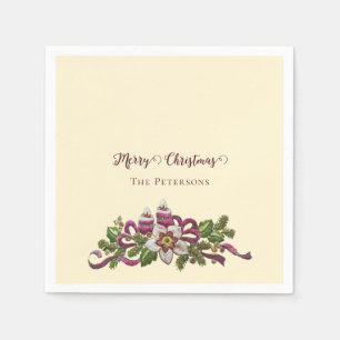 Classic Merry Christmas Flowers Candles Bows Name Napkin