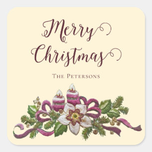 Classic Merry Christmas Flowers Candles Bows Name Square Sticker