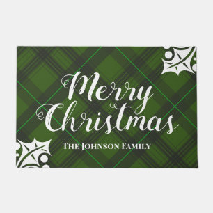 Classic Merry Christmas Green Tartan Plaid Doormat