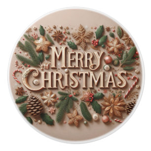 Classic Merry Christmas greenery Ceramic Knob