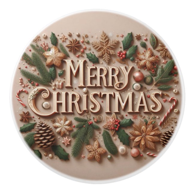Classic Merry Christmas greenery  Ceramic Knob (Front)