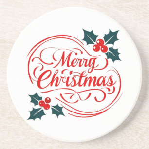 Classic Merry Christmas Holly Berry Holiday Art Coaster