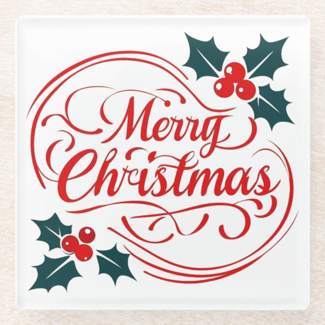 Classic Merry Christmas Holly Berry Holiday Art Glass Coaster (Front)