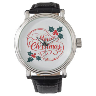 Classic Merry Christmas Holly Berry Holiday Art Watch
