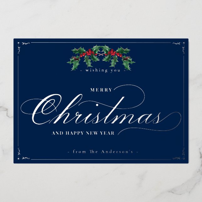 Classic Merry Christmas New Year Blue Silver Foil Holiday Card (Front)