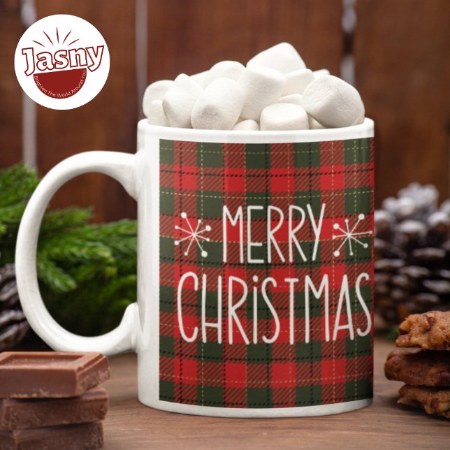 Classic Merry Christmas on Flannel Background Two-Tone Coffee Mug (Creator Uploaded)