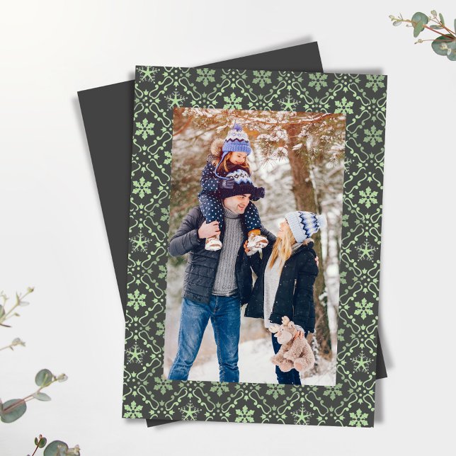 Classic Merry Christmas One Photo Snowflake Holiday Card (Green Christmas snowflake pattern with a simple grey background. )