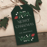 Classic Merry Christmas Personalised Floral  Gift Tags<br><div class="desc">These beautiful Christmas gift tags feature hand drawn floral sprigs in traditional colours of green,  red,  and ivory over a dark green background. Stylish typography reads,  "Merry Christmas, " and text templates are included for easy personalisation. The back contains a matching floral pattern.</div>