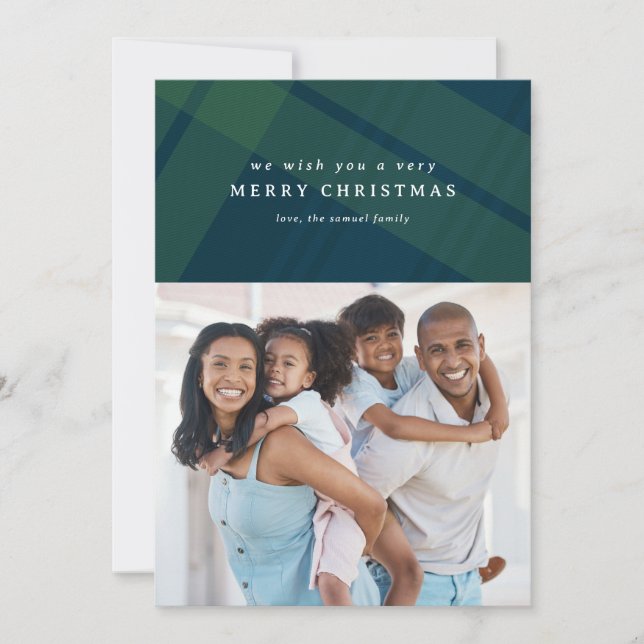Classic Merry Christmas plaid simple two photo  Holiday Card (Front)