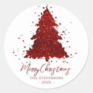 Classic Merry Christmas   Rich Crimson Red Tree Classic Round Sticker