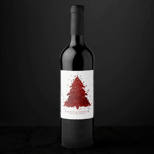 Classic Merry Christmas   Rich Crimson Red Tree Wine Label
