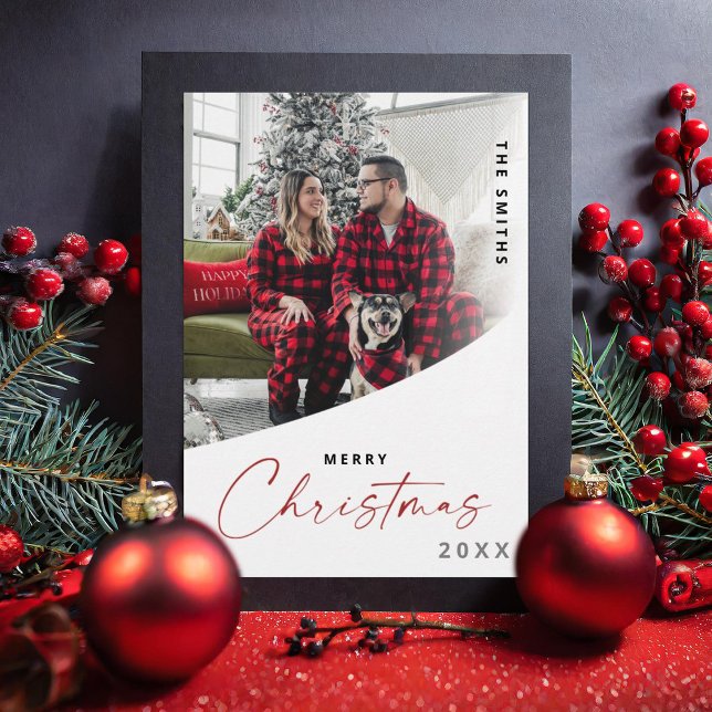Classic Merry Christmas script one photo modern Holiday Card (Creator Uploaded)