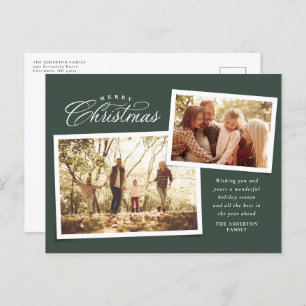 Classic Merry Christmas script two photo green Holiday Postcard