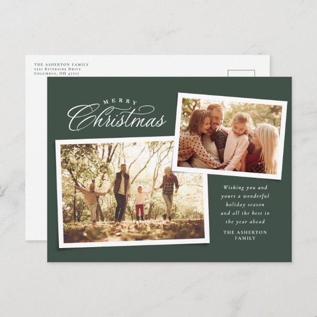 Classic Merry Christmas script two photo green Holiday Postcard (Front/Back)