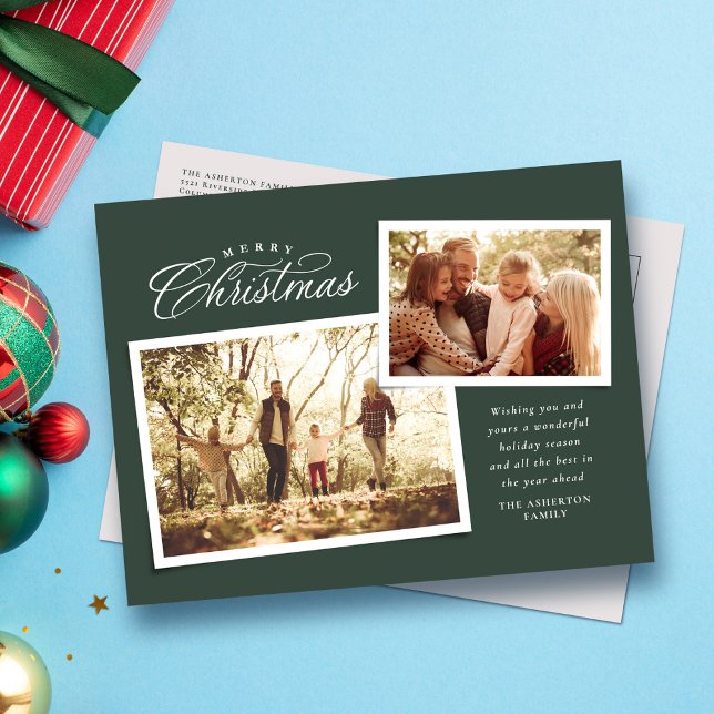 Classic Merry Christmas script two photo green Holiday Postcard (Creator Uploaded)