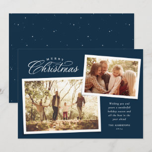 Classic Merry Christmas script two photo navy blue Holiday Card