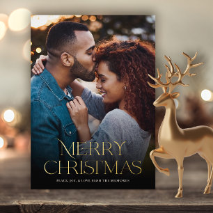 Classic Merry Christmas Text Floral Back Photo Foil Holiday Card