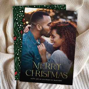 Classic Merry Christmas Text Floral Back Photo Foil Holiday Card