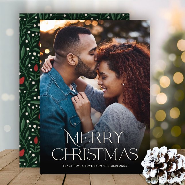 Classic Merry Christmas Text Floral Back | Photo Holiday Card (Creator Uploaded)