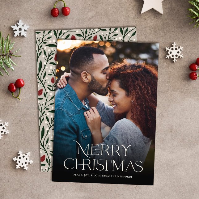 Classic Merry Christmas Text Floral Back | Photo Holiday Card (Creator Uploaded)