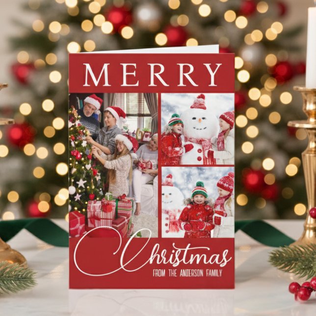 Classic Merry Christmas Three Photo Red And White Holiday Card (Classic Merry Christmas Three Photo Red And White Holiday Card)