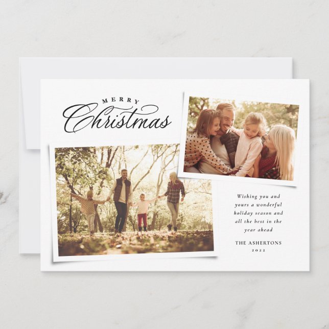 Classic Merry Christmas two photo black and white Holiday Card (Front)