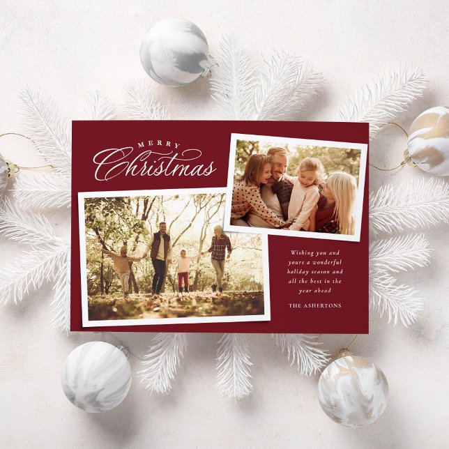 Classic Merry Christmas two photo maroon red Holiday Card (Creator Uploaded)