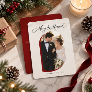 Classic Merry & Married Script Newlywed One Photo Holiday Card
