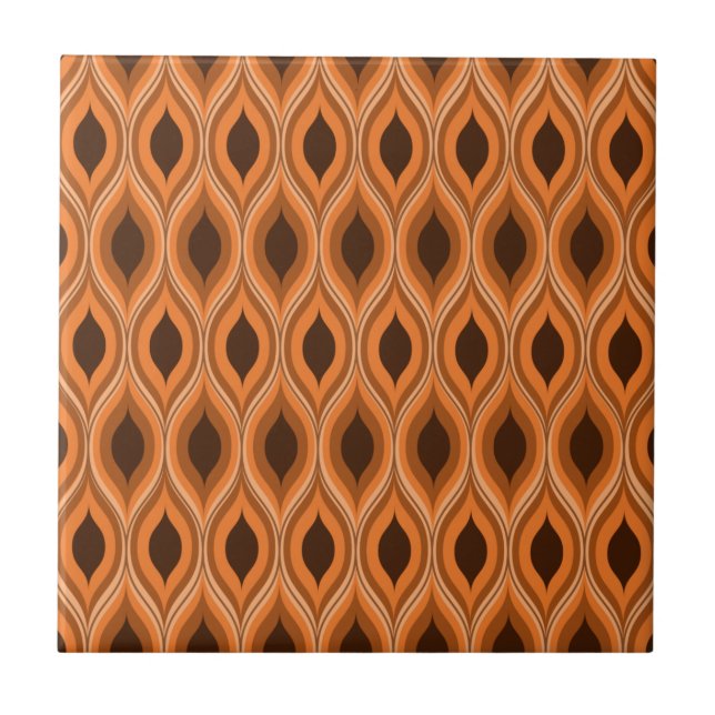 Classic mid century orange and brown ogee pattern ceramic tile (Front)