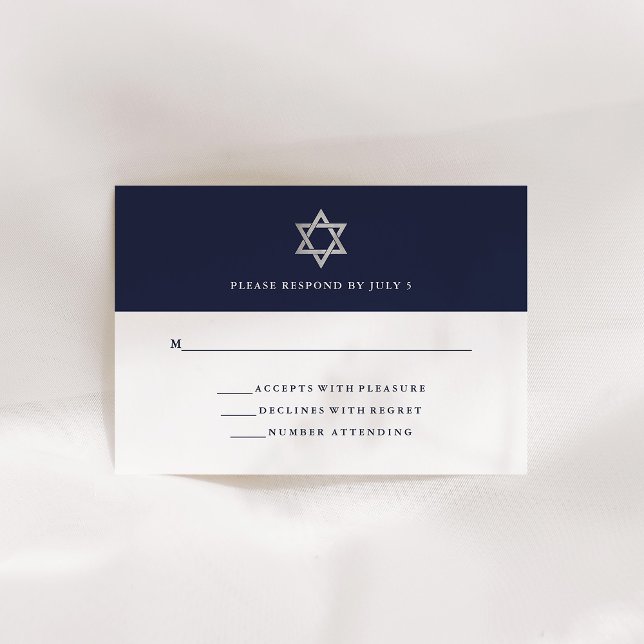Classic Midnight Blue and White | Bar Mitzvah RSVP Card (Classic midnight blue and white Bar Mitzvah rsvp with a silver Star of David)