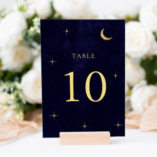 Classic Midnight Celestial Gold Moon Stars Wedding Table Number