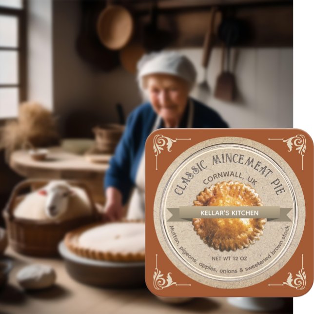 CLASSIC MINCEMEAT PIE Grunge Font Kraft Brown Square Sticker (Creator Uploaded)
