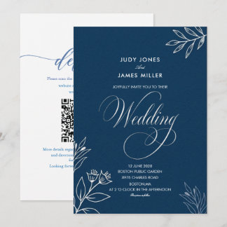 classic minimal calligraphy navy blue wedding invitation