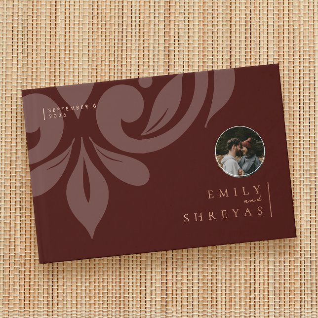 Classic Minimal Damask Mahogany Photo Wedding Guest Book (Creator Uploaded)