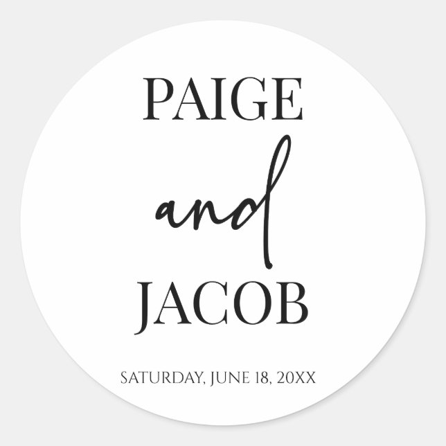 Classic Minimal Minimalist Custom Names Wedding Classic Round Sticker (Front)