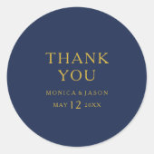 Classic Minimal Navy Blue Gold Thank You Wedding Classic Round Sticker (Front)